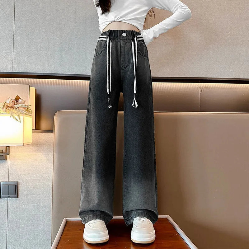 New 2024 Teenage Girls Blue Street Cartoon Print Elastic Mid Waist Loose Denim Jeans Spring Fashion Children Cute Wide Leg Pants