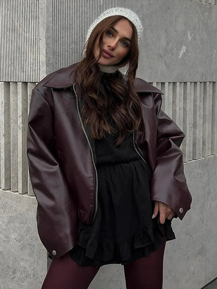Burgundy Lapel Leather Short Coat Women Vintage Zipper Long Sleeve Bomber Jacket Lady New Autumn Fashion Casual Street Outerwear