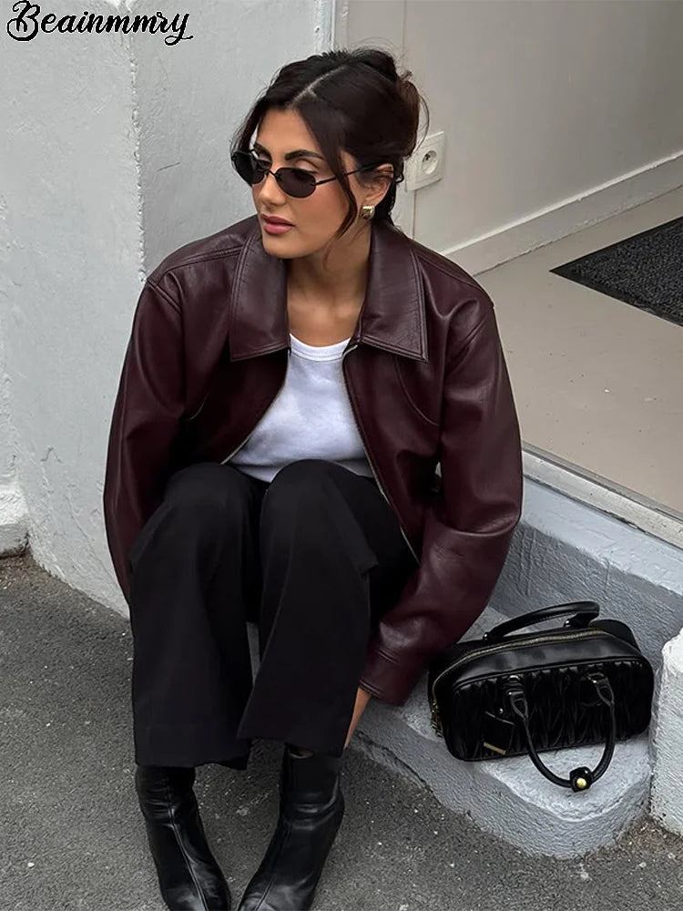 Burgundy Lapel Leather Short Coat Women Vintage Zipper Long Sleeve Bomber Jacket Lady New Autumn Fashion Casual Street Outerwear