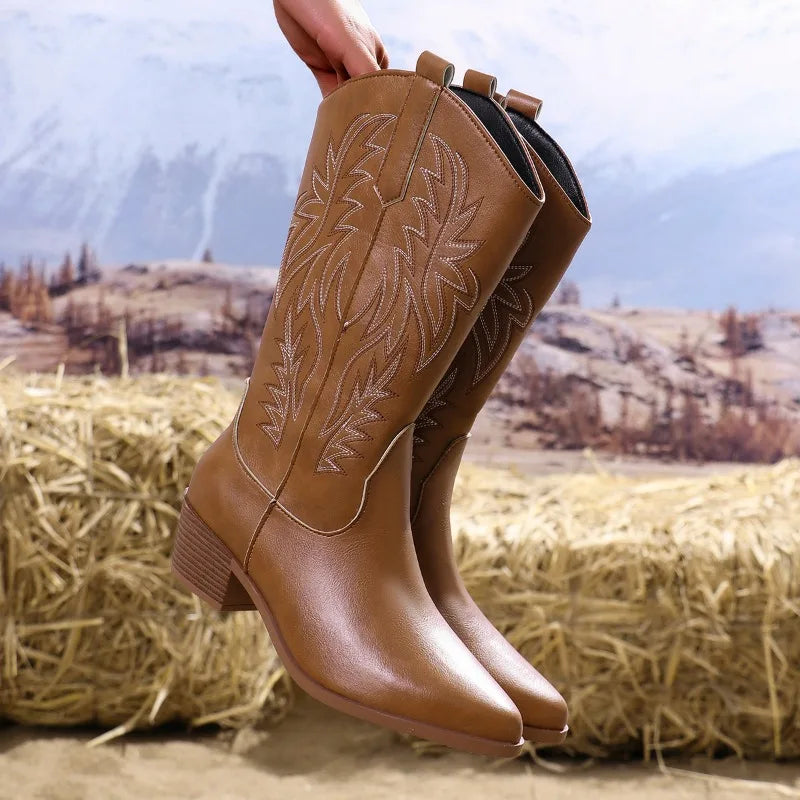 Western Women Boots 2024 Autumn Winter Fashion Chunky Heeled Cowboy Boots Vintage Style Country Western Cowgirl High Heels Boots