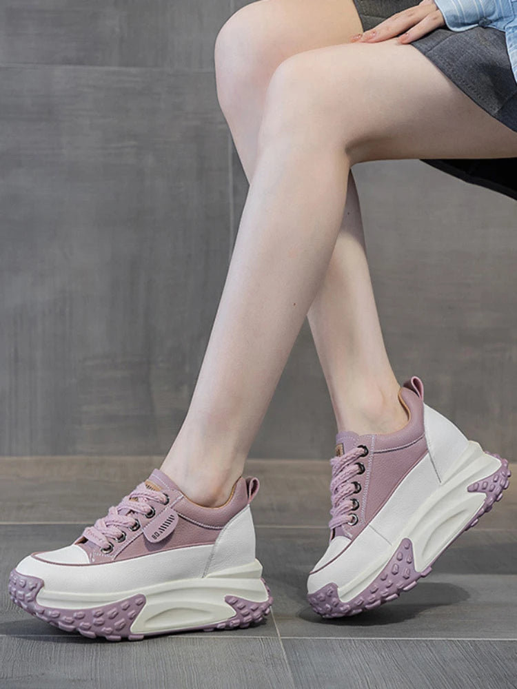Fujin 3 inch 7cm Genuine Leather Platform Wedge Fashion Women fall winter Chunky Sneakers Heel Shoes Breathable Comfortable