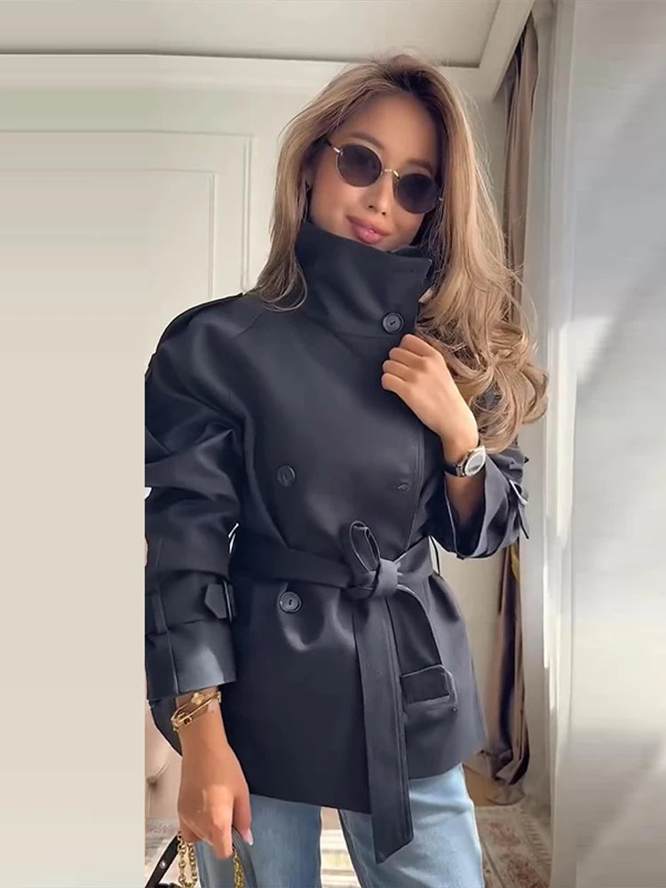 Trench Coat Women's Coats Stand Collar Top Double Breasted Buttons Jacket Self-Tie Belt Spring Daily Outerwear Woman Clothes