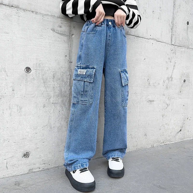 New 2024 Teenage Girls Blue Street Cartoon Print Elastic Mid Waist Loose Denim Jeans Spring Fashion Children Cute Wide Leg Pants