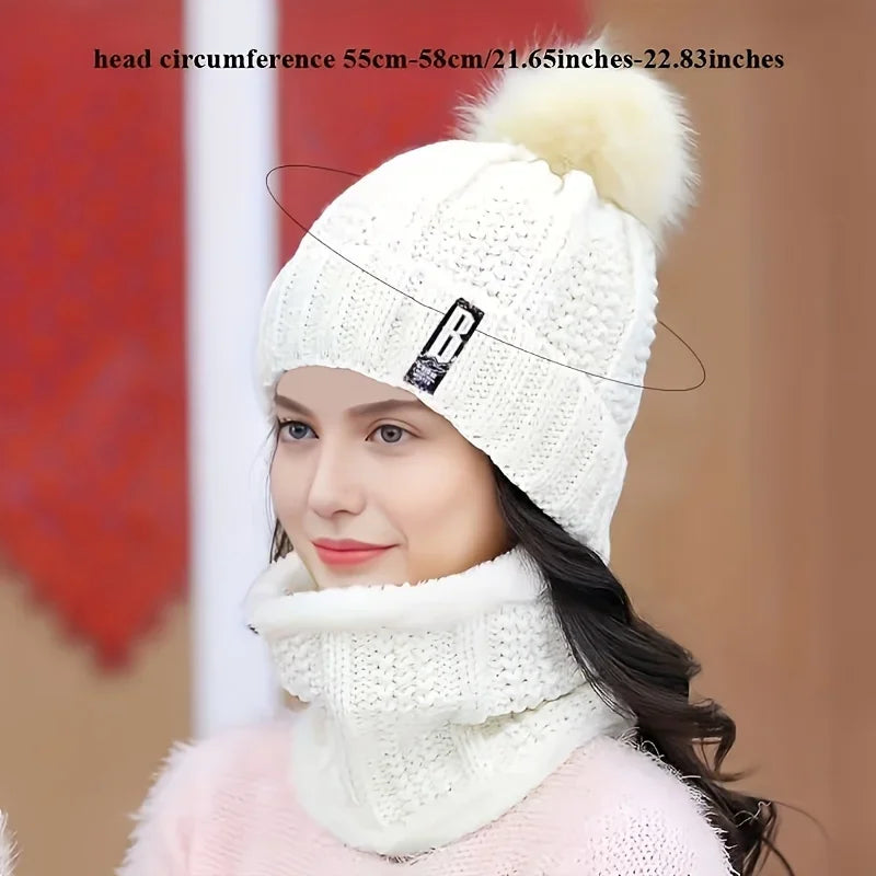 Knitted Hat Set Winter Warm Skull Hat Thick Plush Windproof Anti-Cold Women Casual Snow Hats Beanie