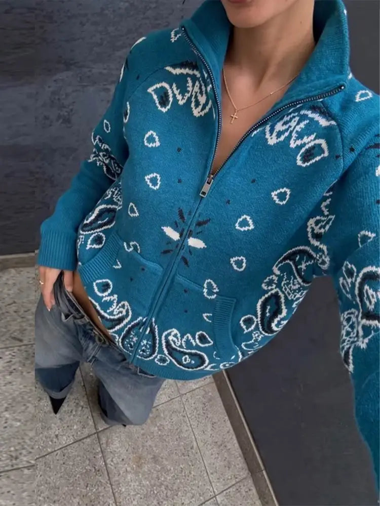 Paisley Print Knit Sweater Jacket Women Stand Collar Raglan Sleeve Zip Up Front Pocket Cardigan 2026 Autumn Retro Loose Jackets