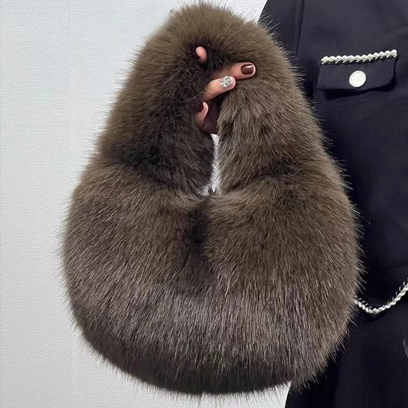 Women's Winter Casual Furry Shoulder Bag Soft Plush Solid Color Clutch Purse Lightweight Female Hobos Handbag