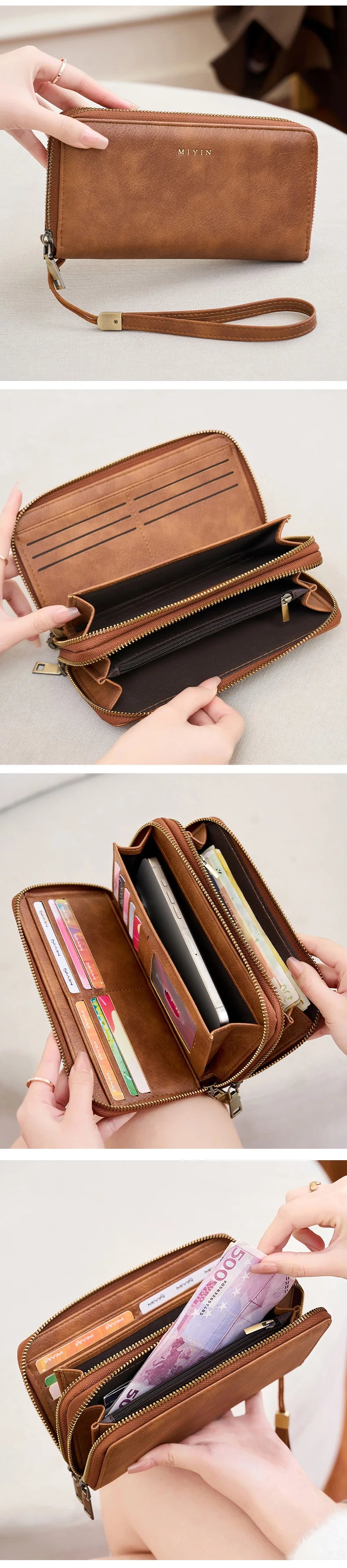 NEW RFID Blocking Vintage Large Capacity Double-Zipper Wallet Stylish Handbag Women'S with Multiple Card Slots and Phone Holder