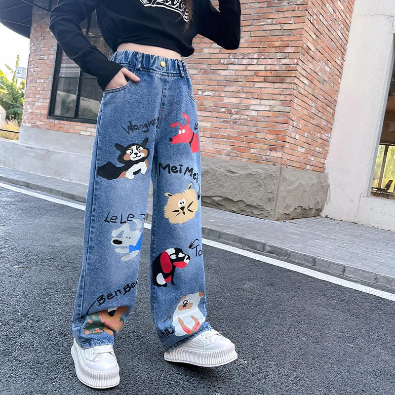 New 2024 Teenage Girls Blue Street Cartoon Print Elastic Mid Waist Loose Denim Jeans Spring Fashion Children Cute Wide Leg Pants