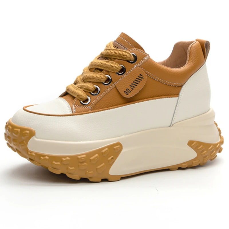 Fujin 3 inch 7cm Genuine Leather Platform Wedge Fashion Women fall winter Chunky Sneakers Heel Shoes Breathable Comfortable