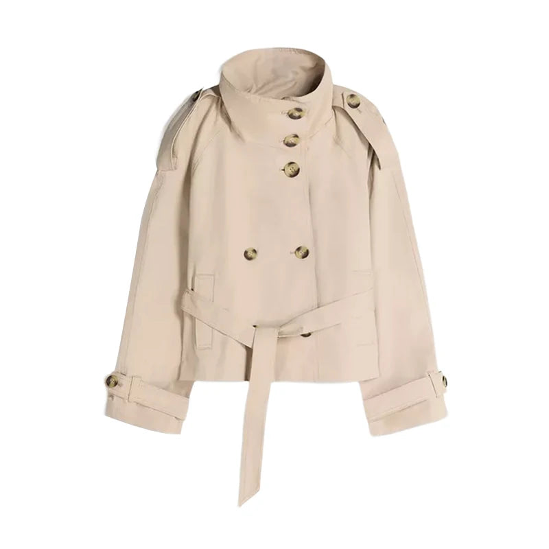 Trench Coat Women's Coats Stand Collar Top Double Breasted Buttons Jacket Self-Tie Belt Spring Daily Outerwear Woman Clothes