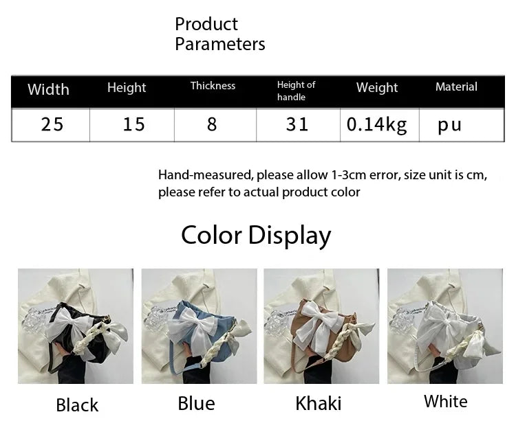 Lovely Bow Handbags for Girls Ladies Fashion Pleated Shoulder Bags for Women Simple Design Female Underarm Bag Casual Tote Purse