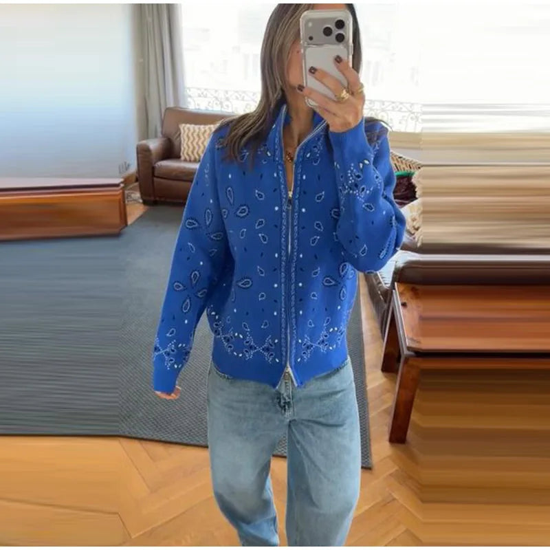 Paisley Print Knit Sweater Jacket Women Stand Collar Raglan Sleeve Zip Up Front Pocket Cardigan 2026 Autumn Retro Loose Jackets