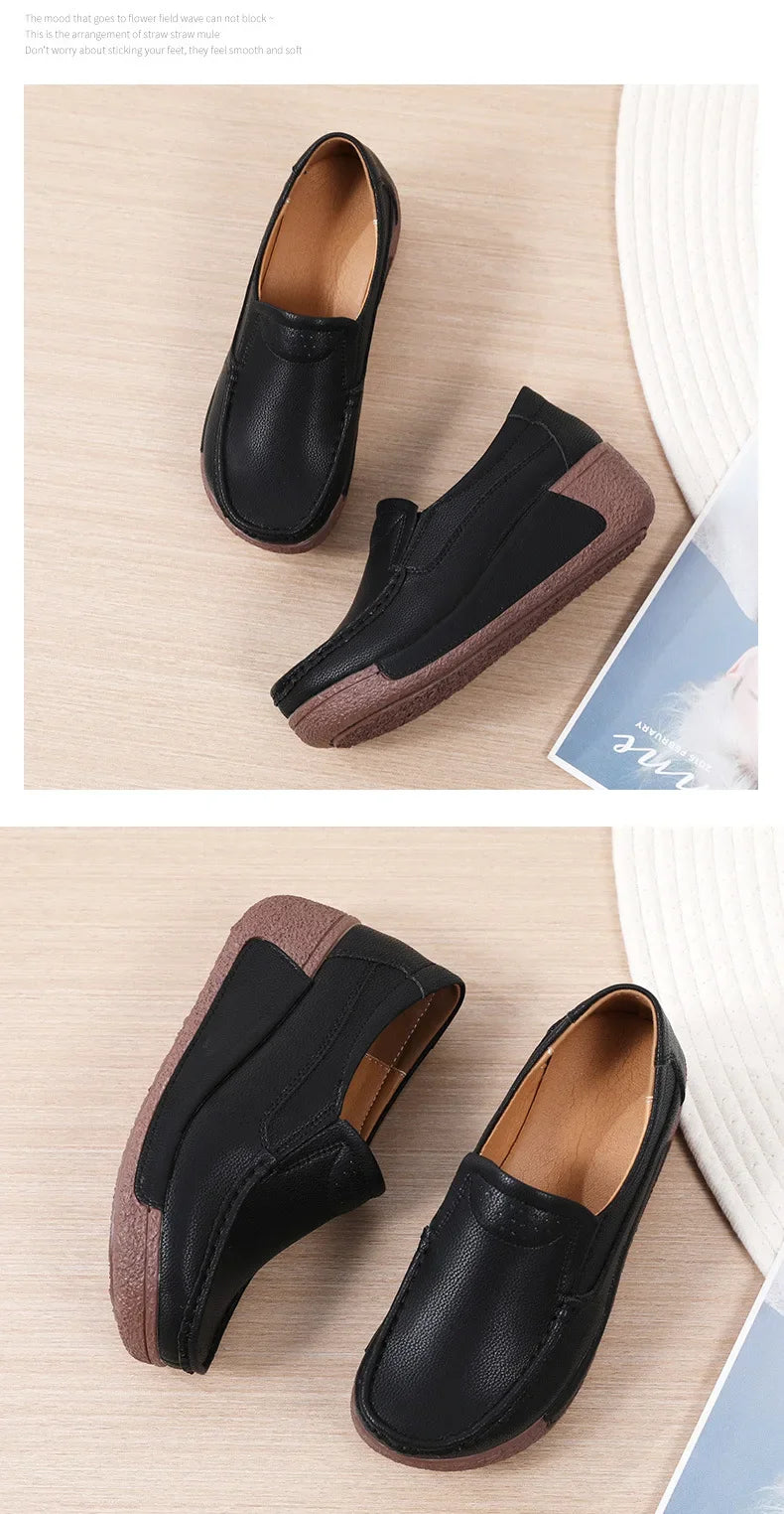 Spring and Summer Women Fashion Loafers Genuine Leather Moccasins Autumn Slip-on Casual Round Toe Wedge Platform Rocking Shoes