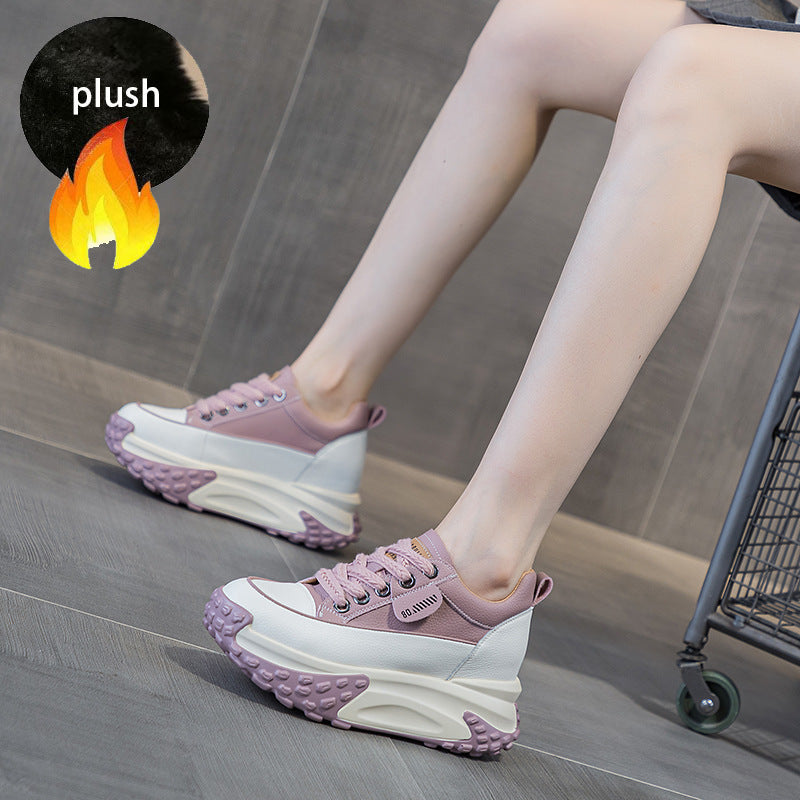 Fujin 3 inch 7cm Genuine Leather Platform Wedge Fashion Women fall winter Chunky Sneakers Heel Shoes Breathable Comfortable