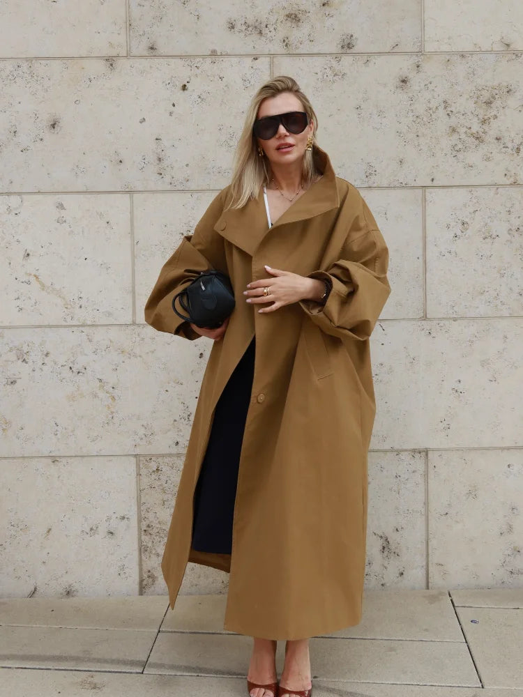 Women Stand Collar Full Sleeve Oversized Windbreaker Solid Single Breasted Lace Up Long Trench Coat Lady Autumn Casual Jacket