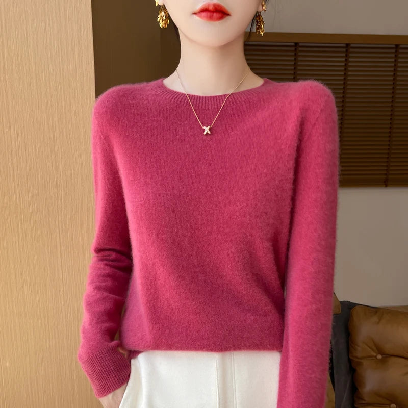 100% Merino solid color sweater ladies autumn and winter new solid color O-neck long sleeve warm fashion loose knit sweater