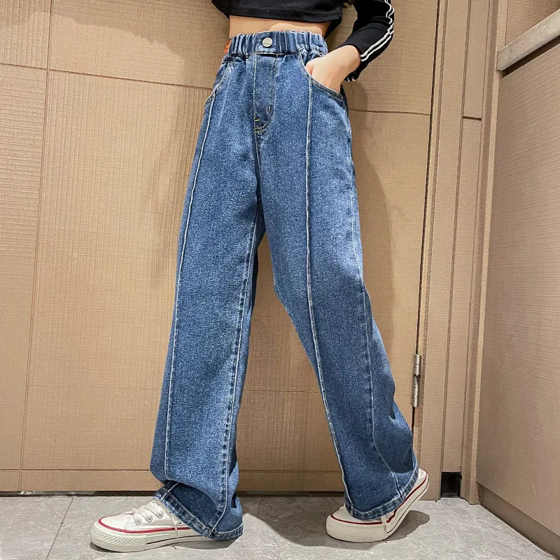 New 2024 Teenage Girls Blue Street Cartoon Print Elastic Mid Waist Loose Denim Jeans Spring Fashion Children Cute Wide Leg Pants