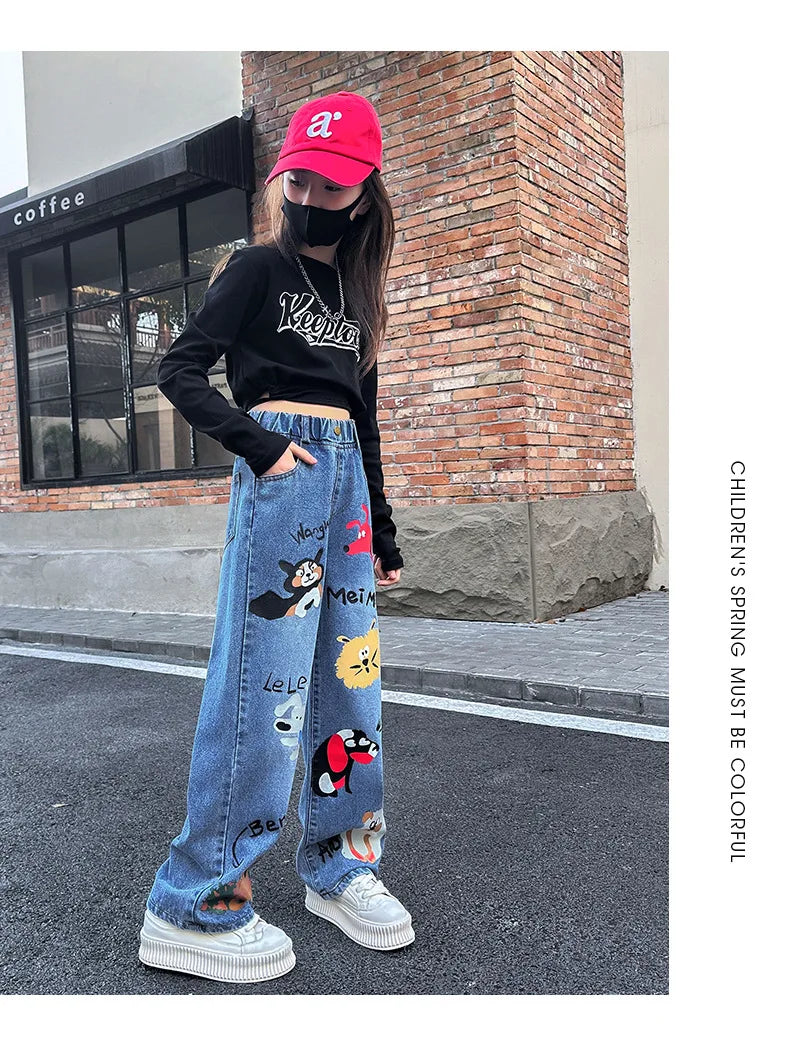 New 2024 Teenage Girls Blue Street Cartoon Print Elastic Mid Waist Loose Denim Jeans Spring Fashion Children Cute Wide Leg Pants