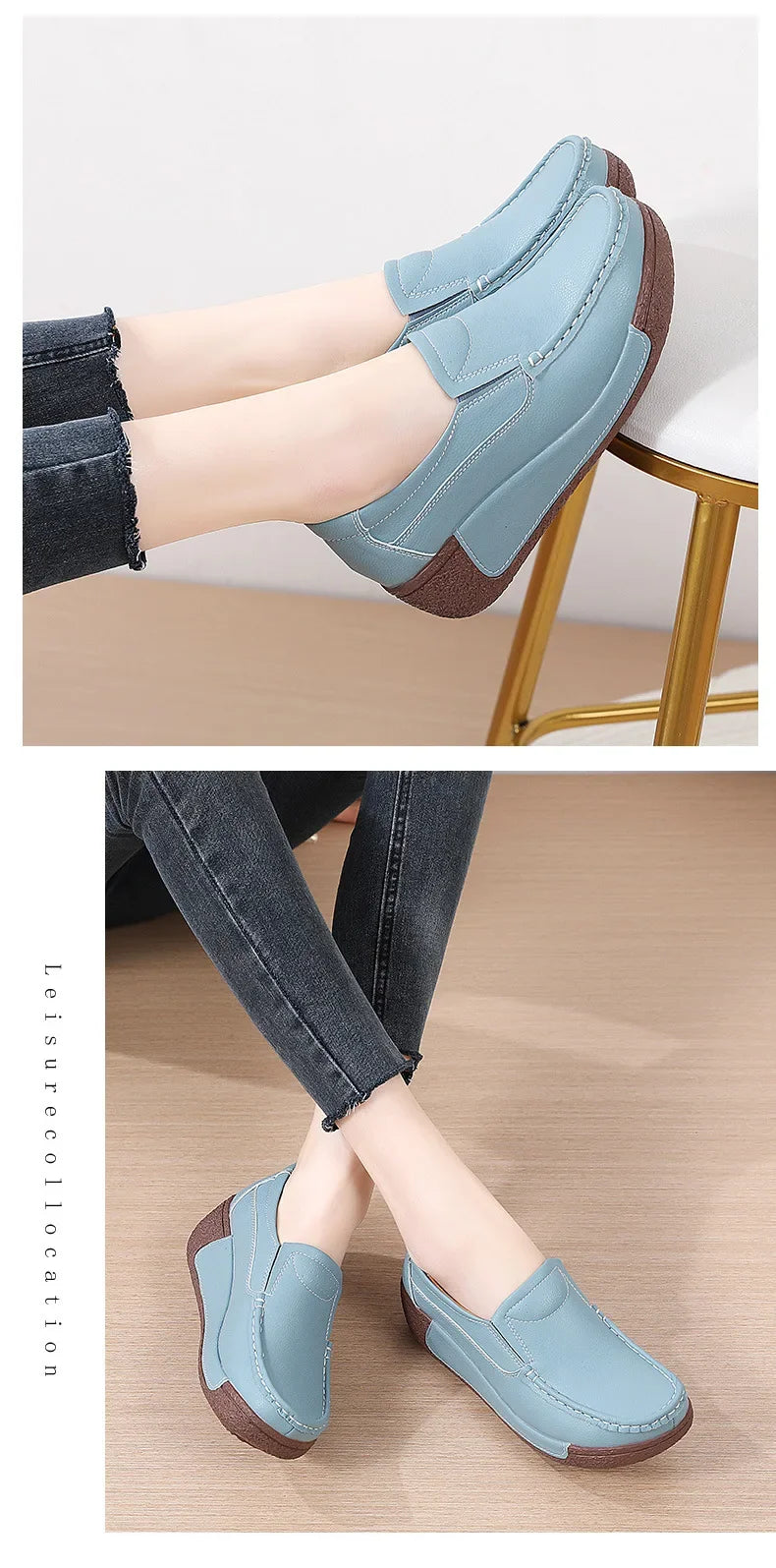 Spring and Summer Women Fashion Loafers Genuine Leather Moccasins Autumn Slip-on Casual Round Toe Wedge Platform Rocking Shoes