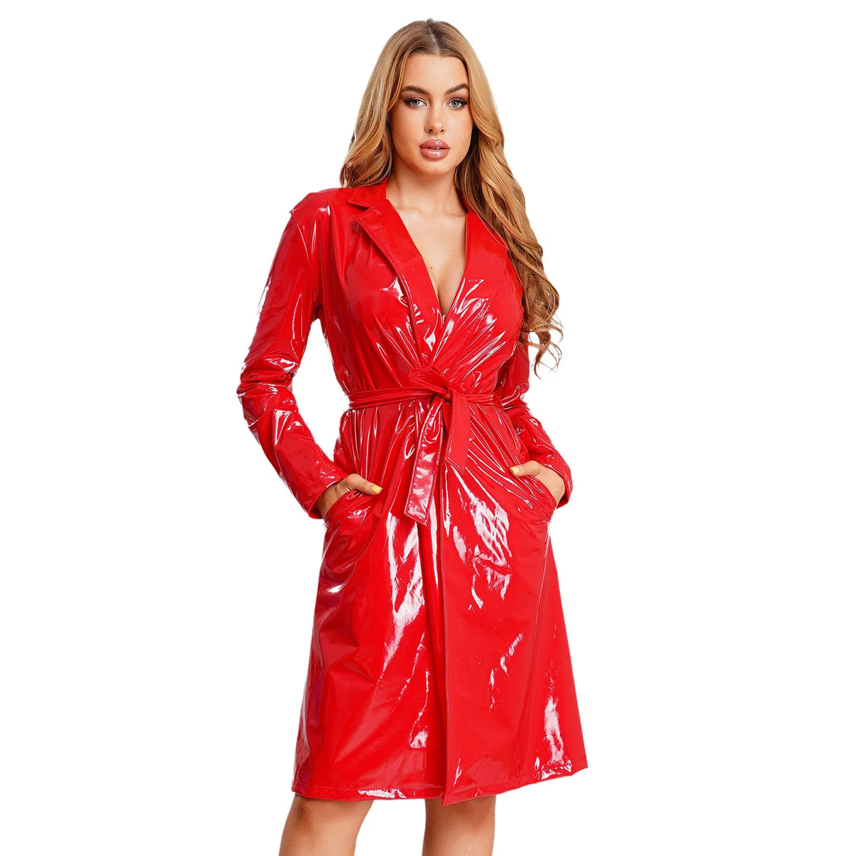 Adults Womens Long Trench Coat Blazer Clubwear Lapel Glossy Open Front PU Leather Long Jackets with Belt Overcoat Streetwear