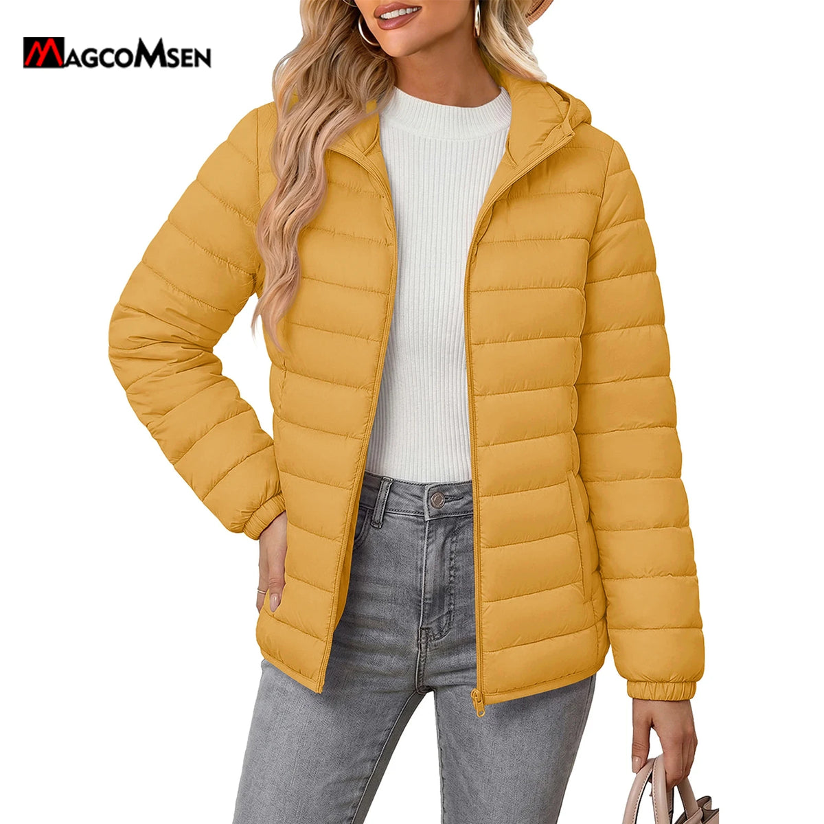 MAGCOMSEN Women's Lightweight Hooded Puffer Jacket Full Zip Quilted Coat Warm Winter Outerwear Casual