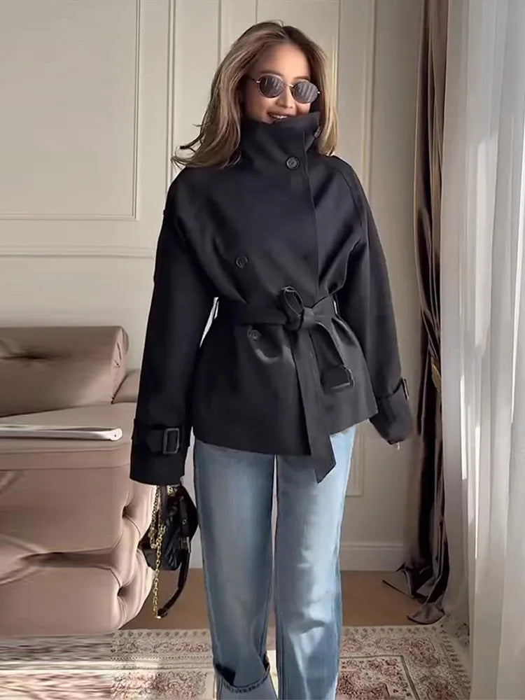 Trench Coat Women's Coats Stand Collar Top Double Breasted Buttons Jacket Self-Tie Belt Spring Daily Outerwear Woman Clothes