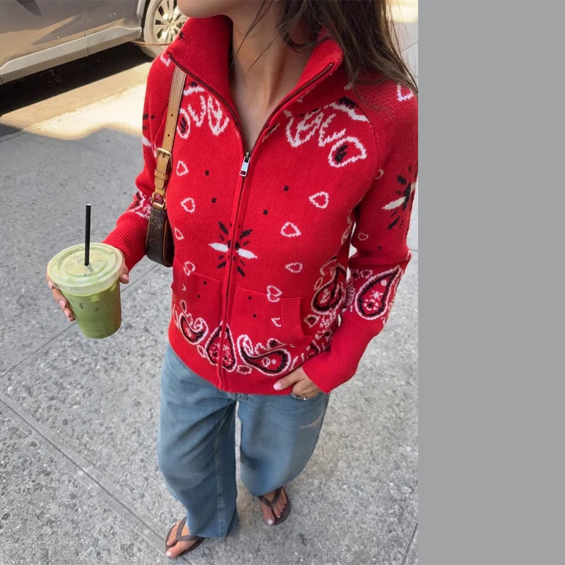 Paisley Print Knit Sweater Jacket Women Stand Collar Raglan Sleeve Zip Up Front Pocket Cardigan 2026 Autumn Retro Loose Jackets