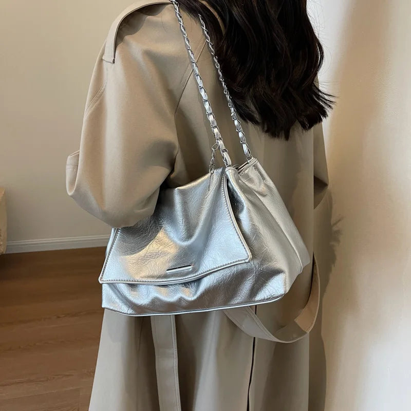 Ladies Handbag Women Fashion Bags Brand Designer Silver Shoulder Bag Large Capacity Female Bag Soft Leather Underarm Bag Totes