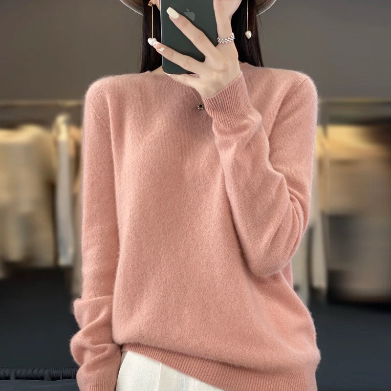 100% Merino solid color sweater ladies autumn and winter new solid color O-neck long sleeve warm fashion loose knit sweater