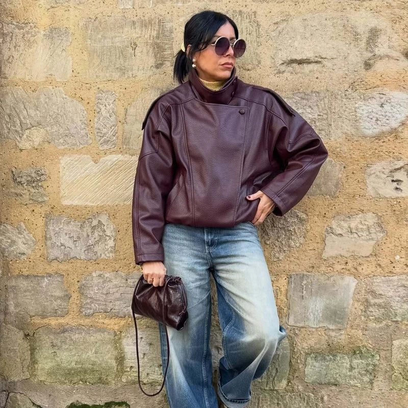 Oversized Faux Leather Bomber Jacket