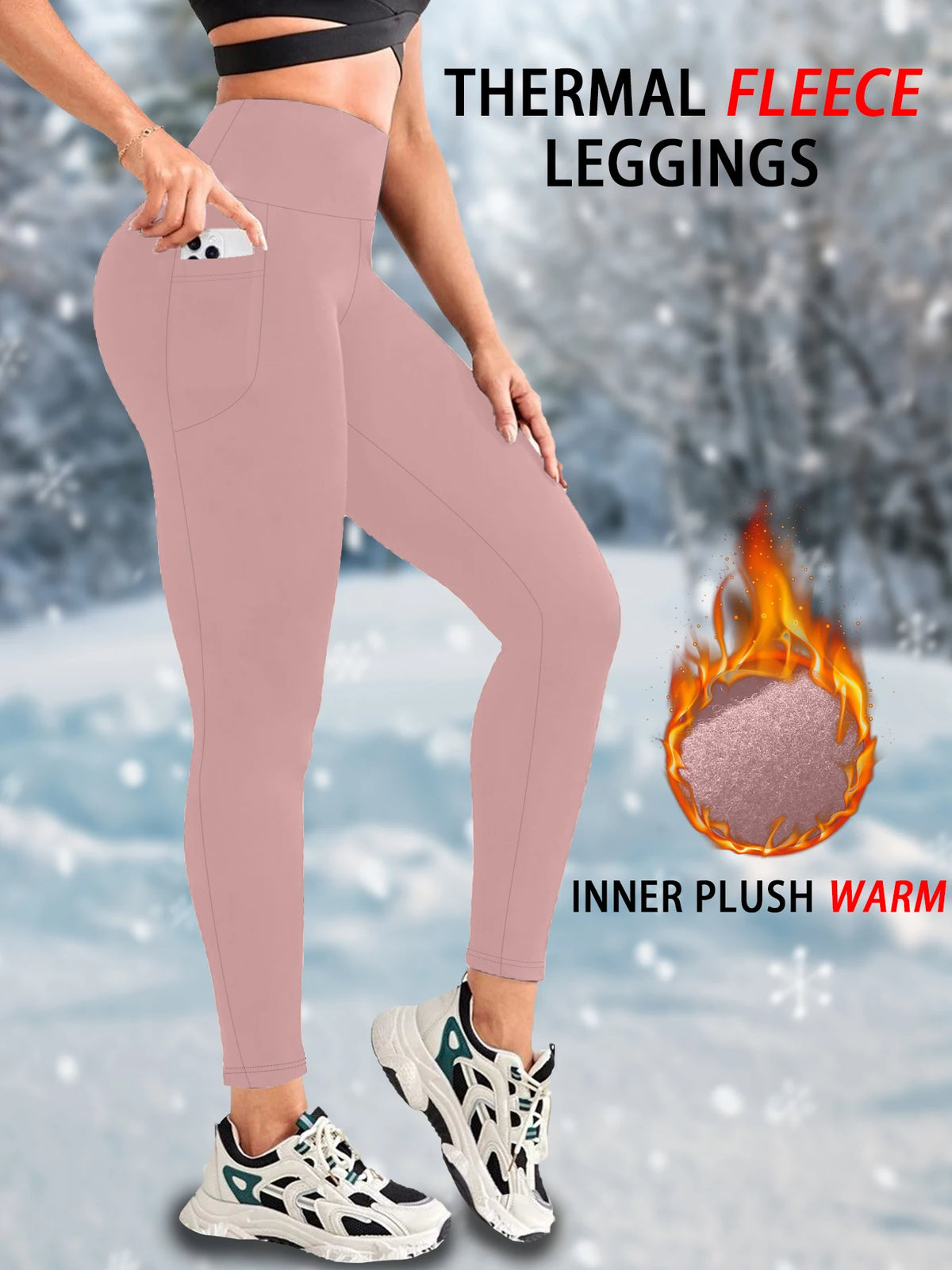 Womens Thermal Fleece Lined High Waisted with Pockets Leggings, Workout Winter Warm Tights Soft Yoga Running Pants