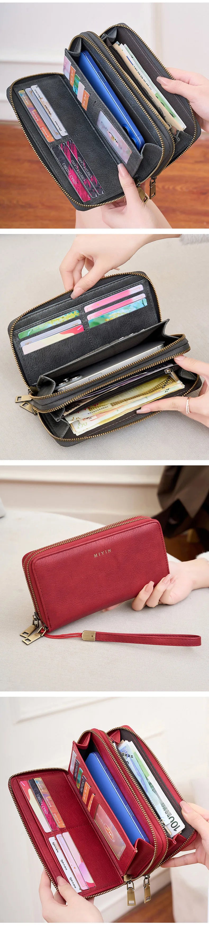 NEW RFID Blocking Vintage Large Capacity Double-Zipper Wallet Stylish Handbag Women'S with Multiple Card Slots and Phone Holder