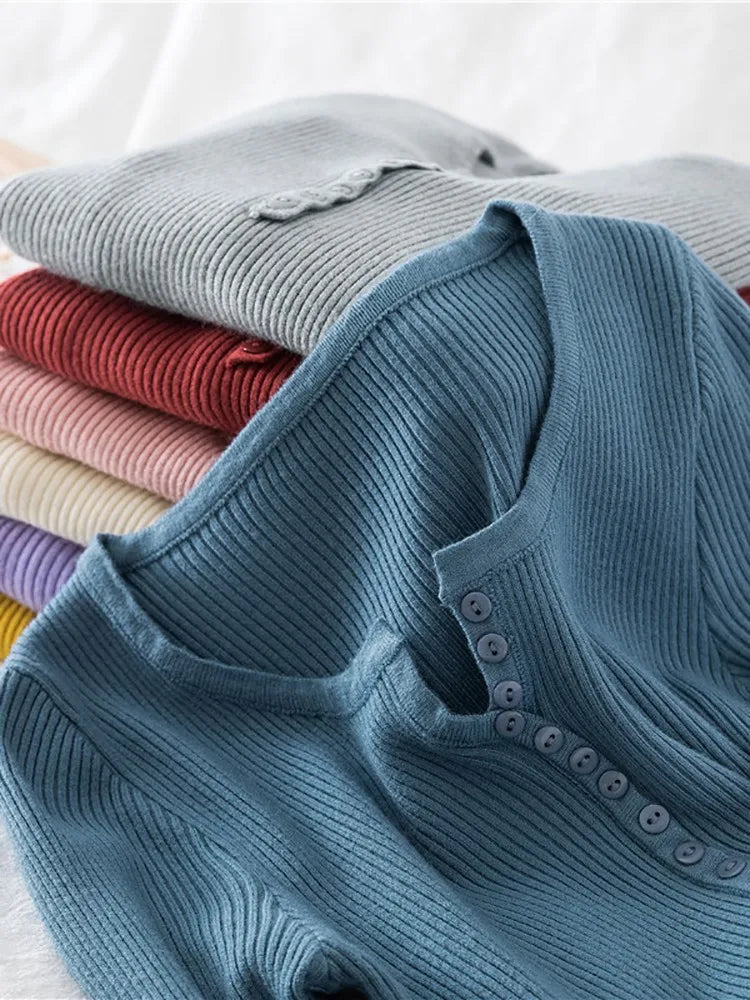 2026 Autumn Winter Button V Neck Sweater Women Basic Slim Pullover Women Sweaters And Pullovers Knit Jumper Soft Warm Tops