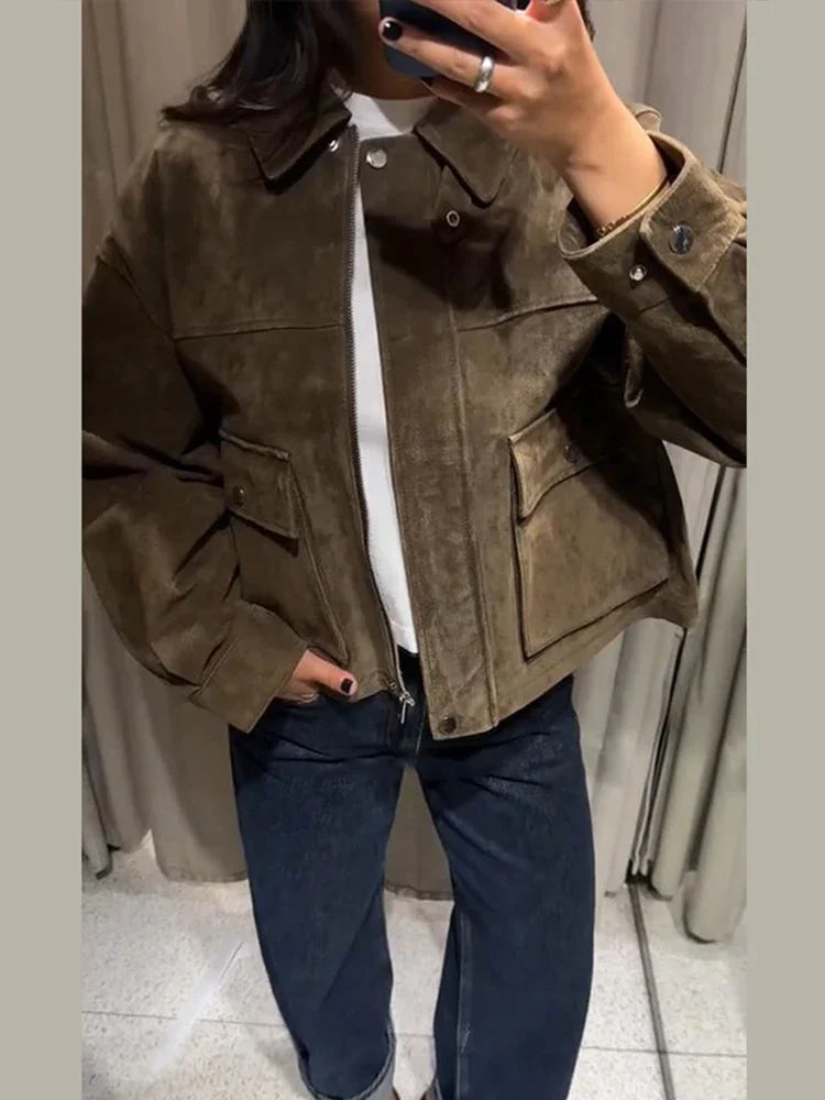 Vintage Women's Brown Suede Jackets Casual Loose Lapel Zipper Pockets Long Sleeve Female Coats 2025 Autumn Lady Commute Outwear