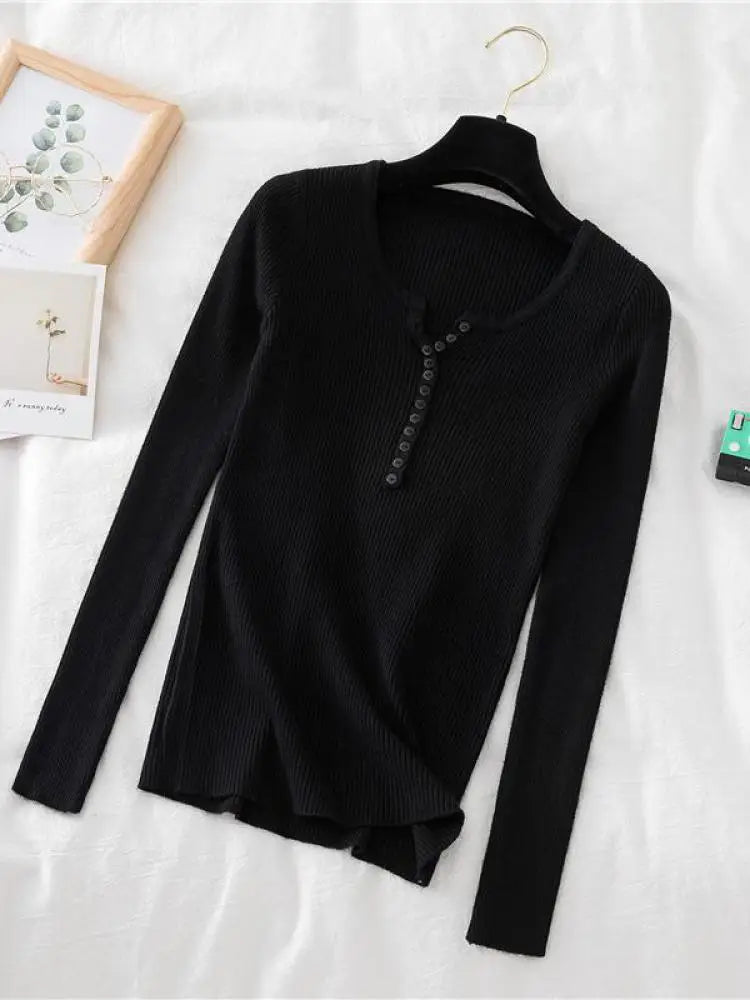 2026 Autumn Winter Button V Neck Sweater Women Basic Slim Pullover Women Sweaters And Pullovers Knit Jumper Soft Warm Tops