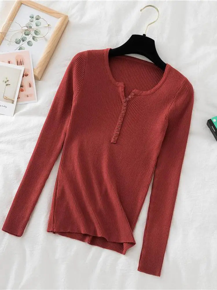2026 Autumn Winter Button V Neck Sweater Women Basic Slim Pullover Women Sweaters And Pullovers Knit Jumper Soft Warm Tops
