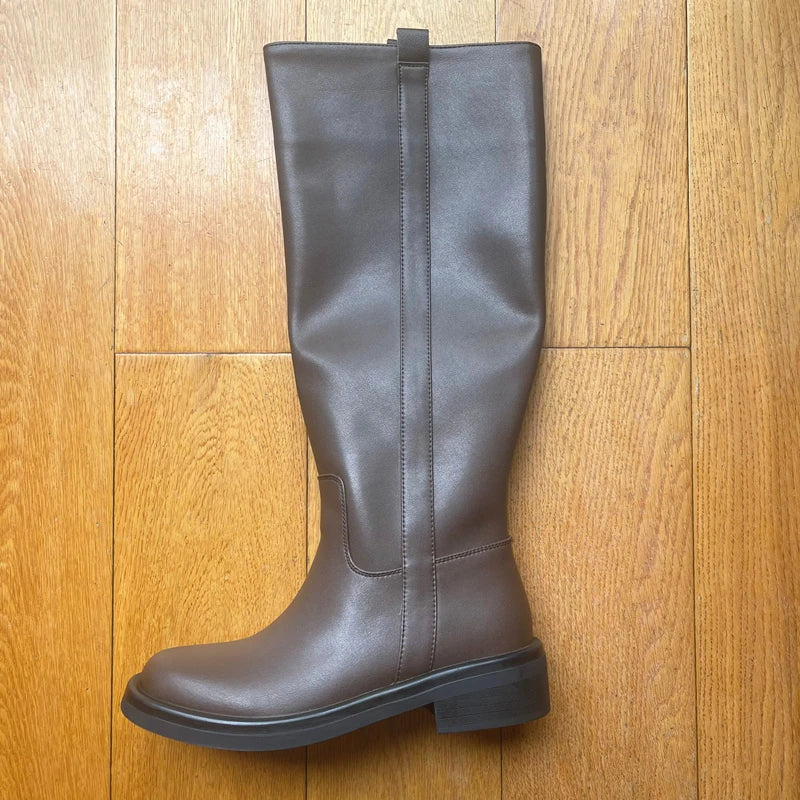 INS Plus Size 34-43 New Fashion Full Genuine Leather Boots Women Slip On Knee High Boots Autumn Winter Straight Knight Botas