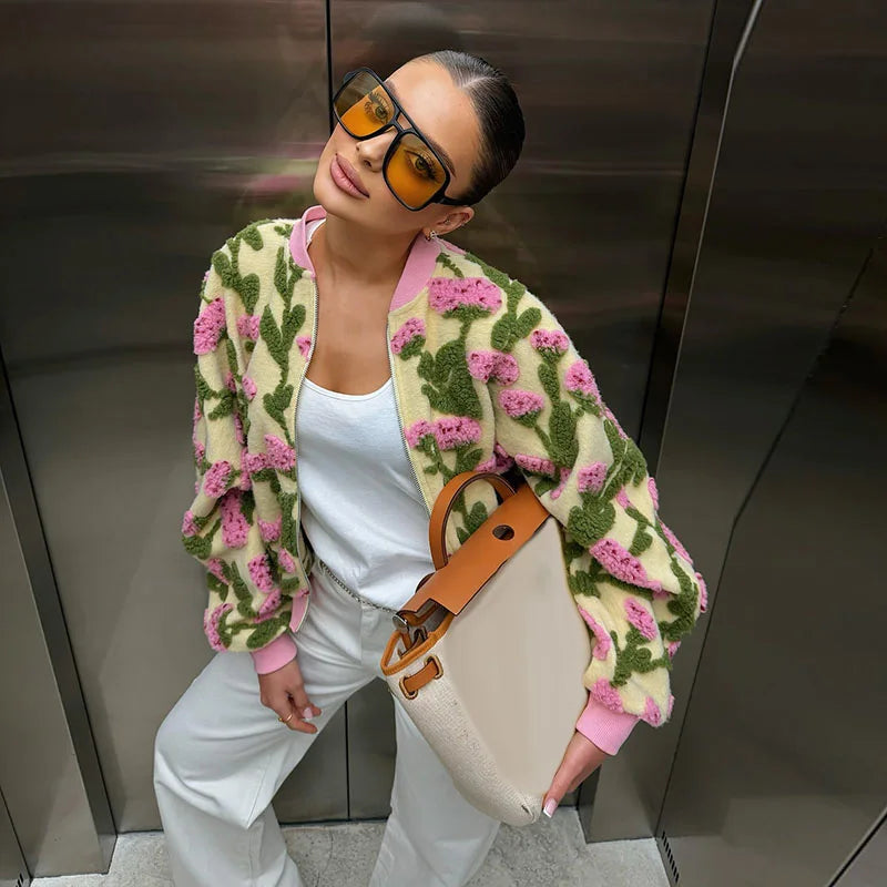 3D Floral Bomber Jacket Coat Women Fashion Lapel Neck Long Sleeve Zipper Loose Outerwear Female Spring Chic Casual Jackets Wear