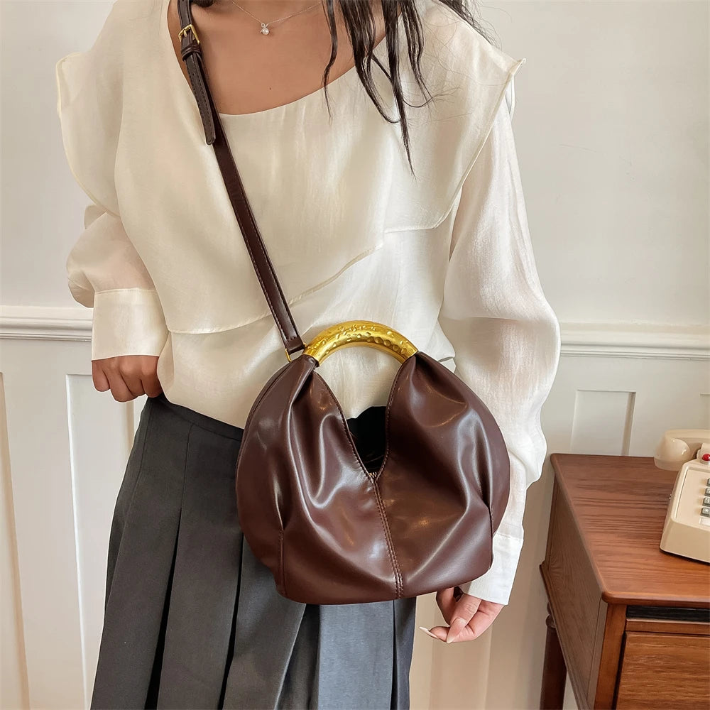 MOODS Retro Gold Ring Handle Women Hobo Bag Soft Vegan Leather Shoulder Crossbody Purse Elegant Luxury Handbag For Evening Party