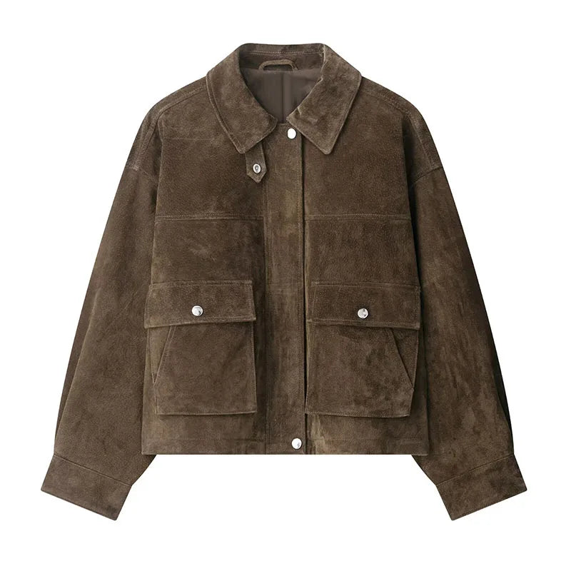 Vintage Women's Brown Suede Jackets Casual Loose Lapel Zipper Pockets Long Sleeve Female Coats 2025 Autumn Lady Commute Outwear