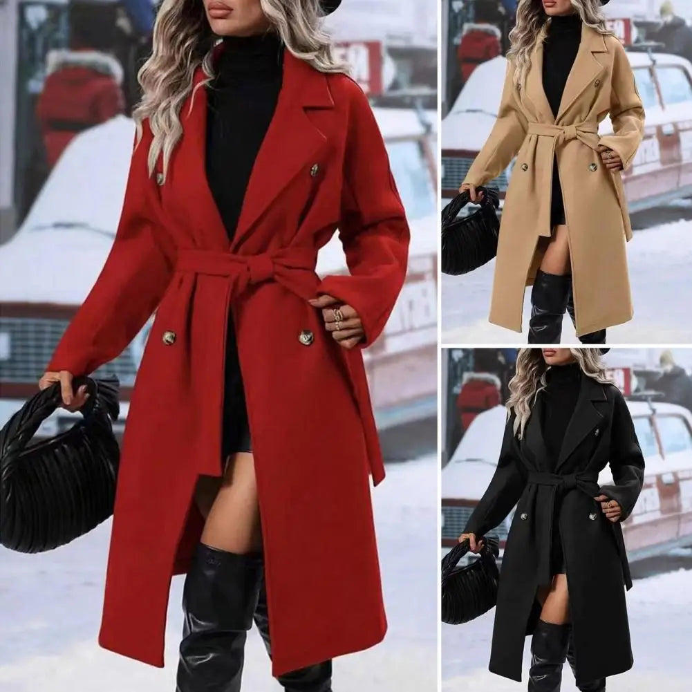 Elegant Women Casual Coat Women Windbreaker Coat Elegant Women's Wool Trench Coat with Belt Double Breasted Overcoat for Fall Winter