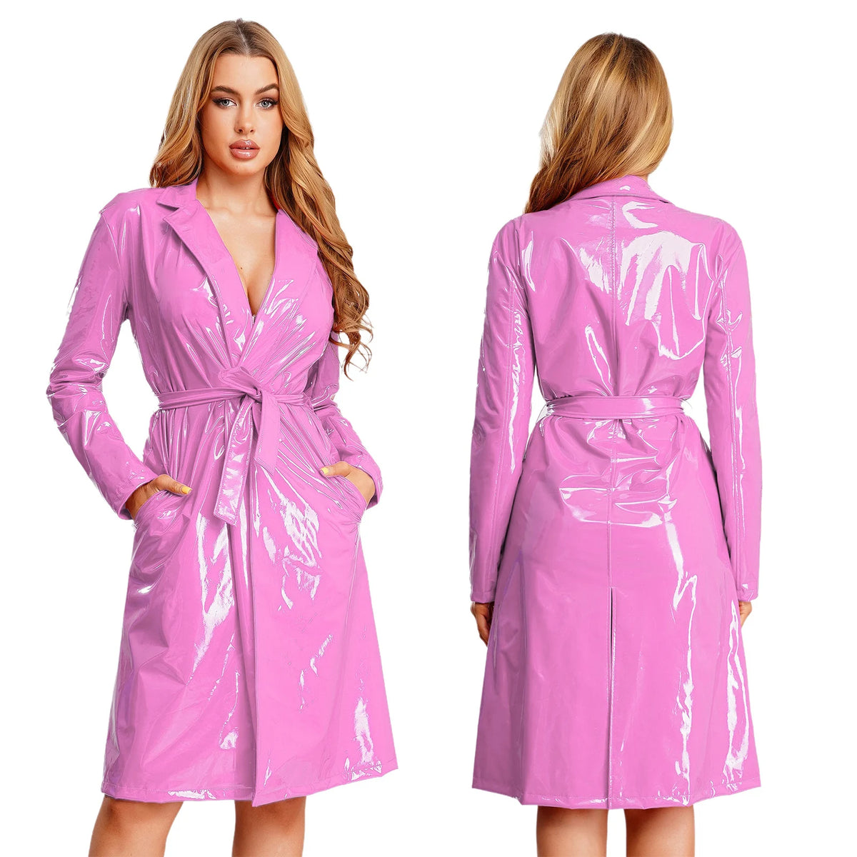 Adults Womens Long Trench Coat Blazer Clubwear Lapel Glossy Open Front PU Leather Long Jackets with Belt Overcoat Streetwear