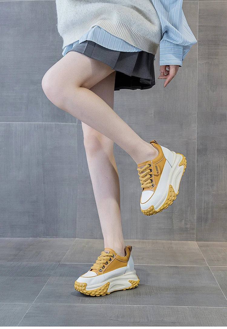 Fujin 3 inch 7cm Genuine Leather Platform Wedge Fashion Women fall winter Chunky Sneakers Heel Shoes Breathable Comfortable