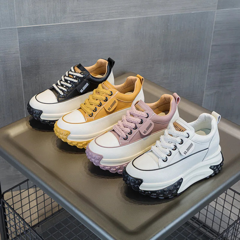 Fujin 3 inch 7cm Genuine Leather Platform Wedge Fashion Women fall winter Chunky Sneakers Heel Shoes Breathable Comfortable