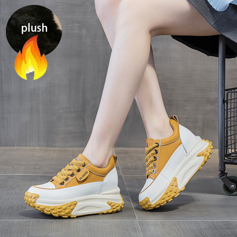 Fujin 3 inch 7cm Genuine Leather Platform Wedge Fashion Women fall winter Chunky Sneakers Heel Shoes Breathable Comfortable