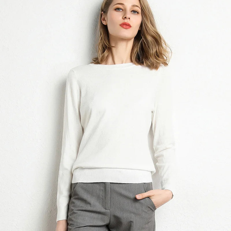 Women Slim ONeck Solid Pullover Cashmere Wool Blending Sweater Autumn And Winter Long-Sleeved Knit Bottoming Shirt Large Size