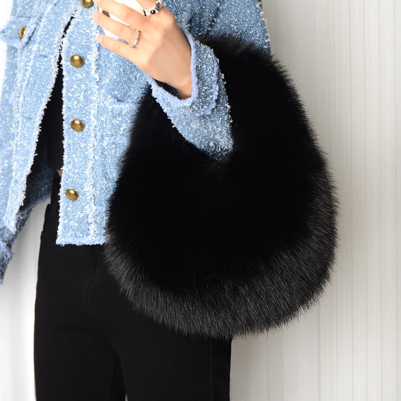 Women's Winter Casual Furry Shoulder Bag Soft Plush Solid Color Clutch Purse Lightweight Female Hobos Handbag