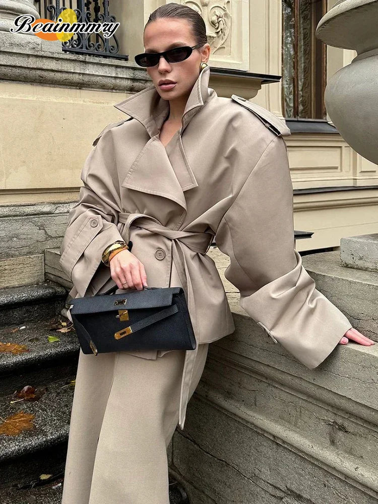 Cropped Lace-up Blue Casual Trench Coat Women Lapel Long Sleeve Wide Shoulder Windbreaker Jacket Fall Commute Daily Streetwear