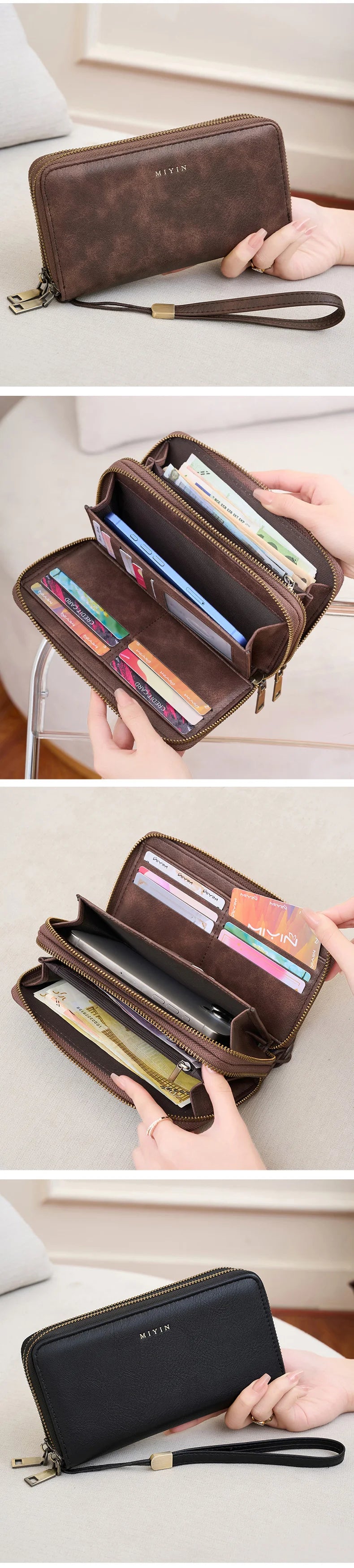 NEW RFID Blocking Vintage Large Capacity Double-Zipper Wallet Stylish Handbag Women'S with Multiple Card Slots and Phone Holder