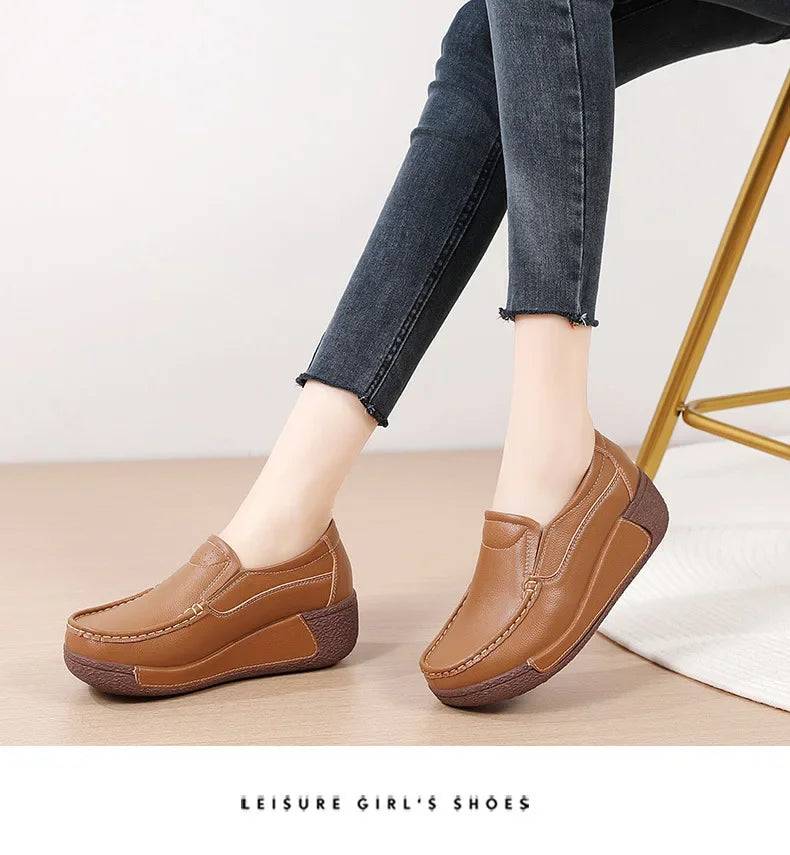 Spring and Summer Women Fashion Loafers Genuine Leather Moccasins Autumn Slip-on Casual Round Toe Wedge Platform Rocking Shoes